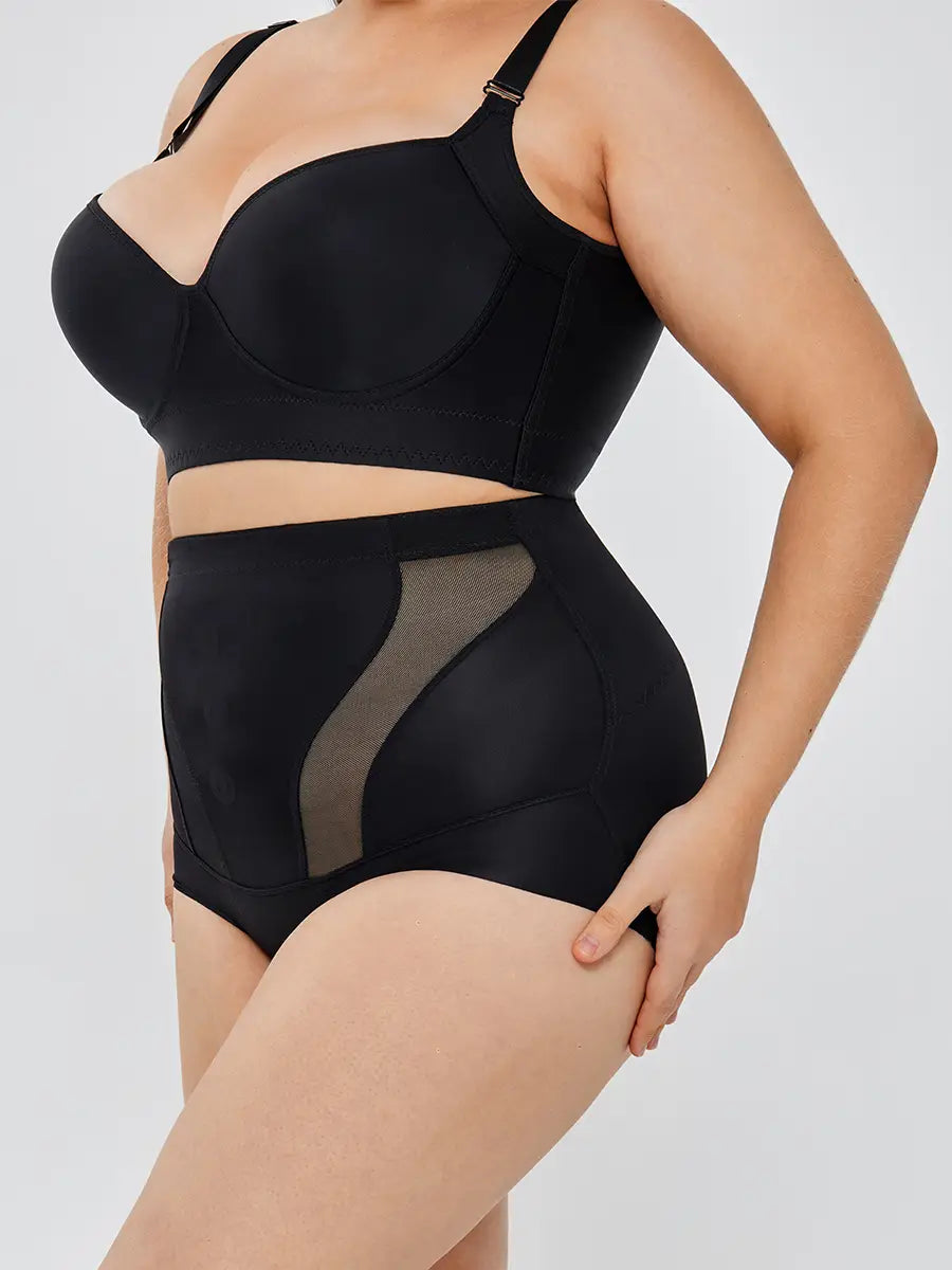 Black plus-size womens tummy control high waist mesh body shaper set featuring a structured bra top and high-waisted shorts with mesh paneling.