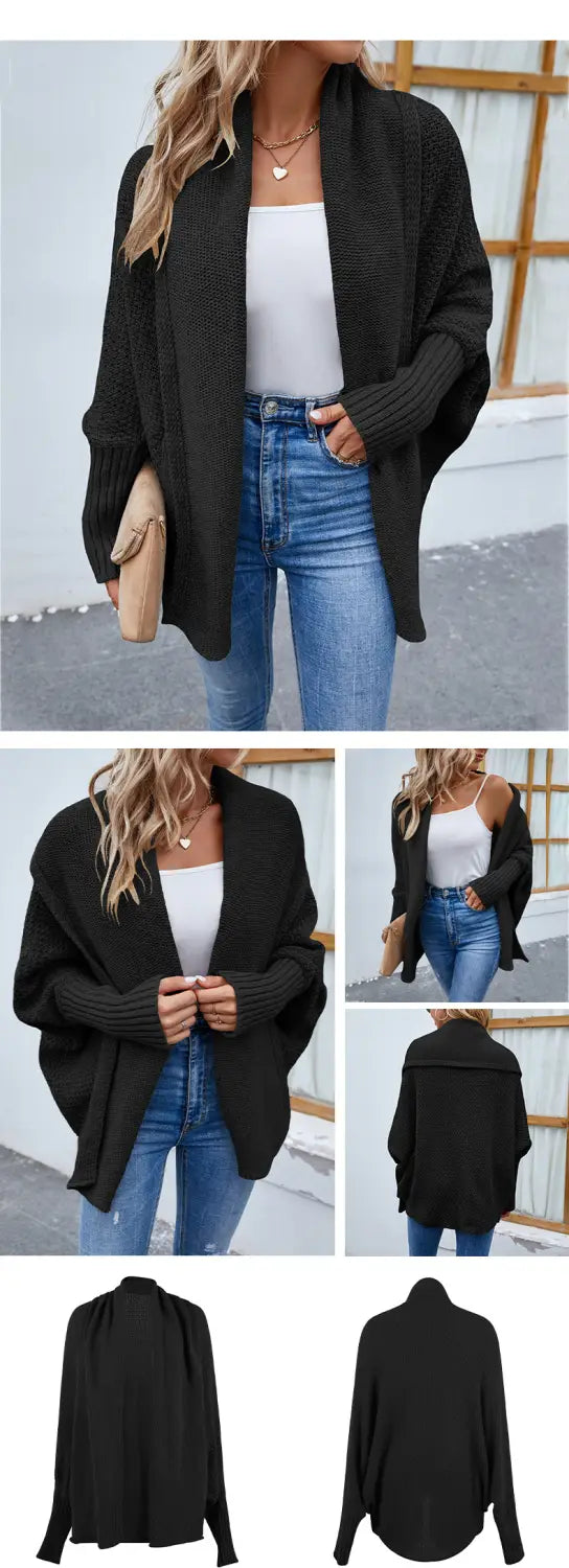 black knitted sweater solid color cardigan with loose draped fit and ribbed cuffs