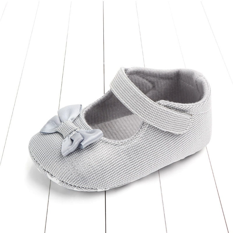 Silver mesh princess shoes bow for babies featuring a matching satin bow on the toe as a stylish shoes bow baby option.