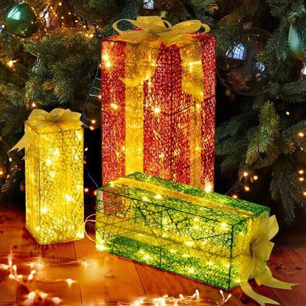 VINGLI Lighted Gift Boxes Set Of 3, Pre-lit Nestable Present Boxes Ornament With 90 LED Warm White Lights And Stakes For Christmas Outdoor Indoor Decorations Lighted Holiday Displays - Royalessencelux