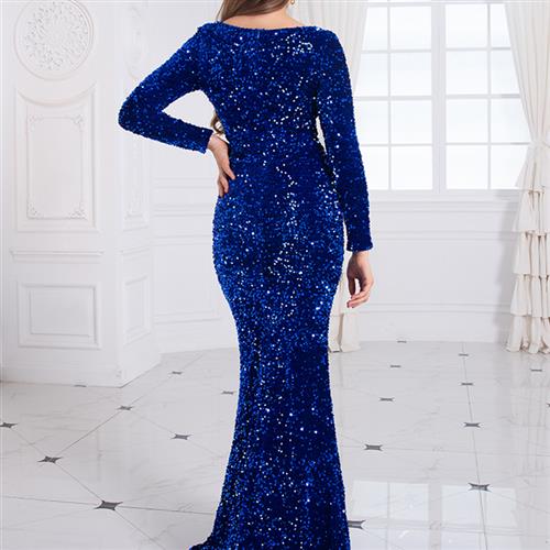 a royal blue sequined mermaid-style evening gown for women featuring modest stretch fabric, long sleeves, and a fitted silhouette.