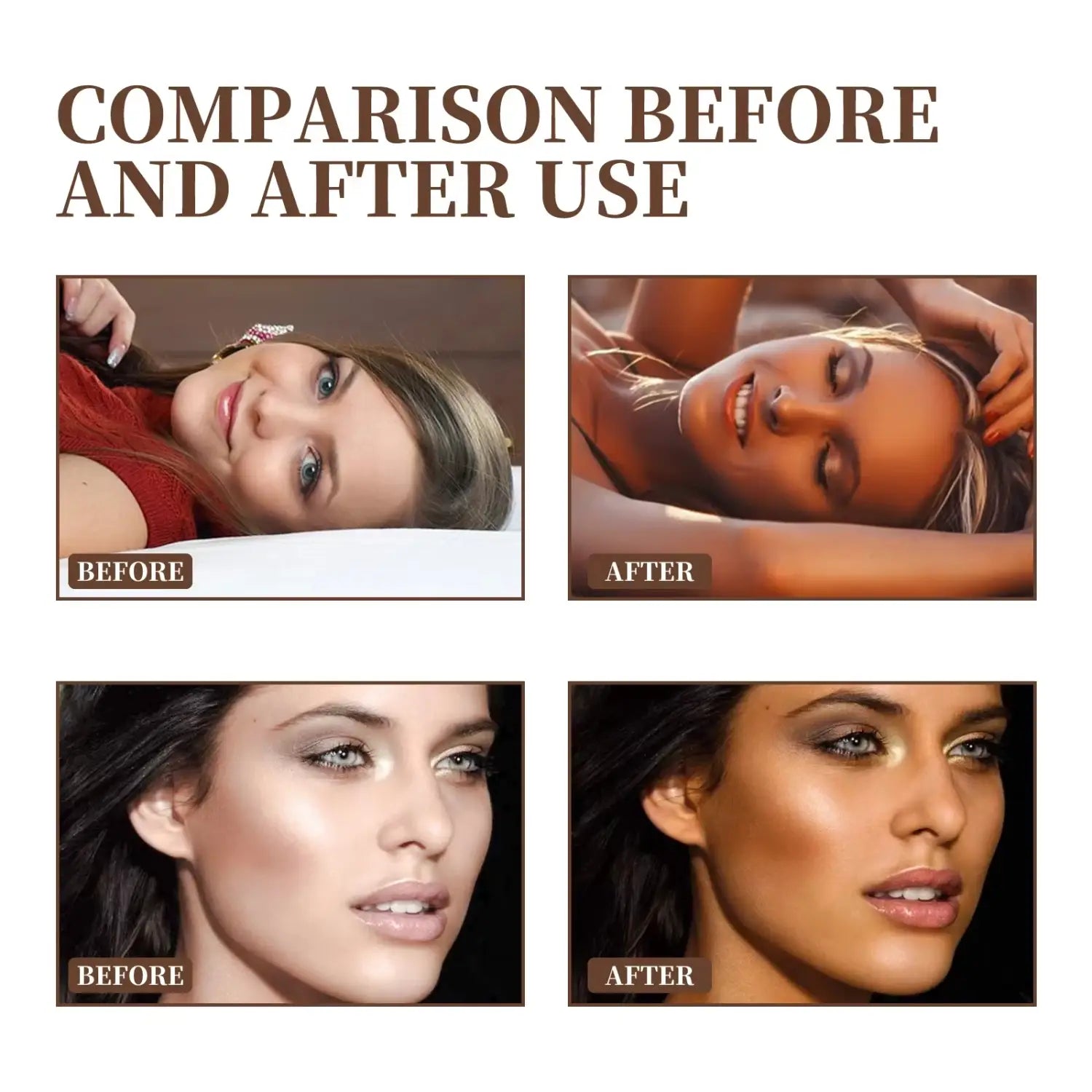 The image shows a before-and-after comparison of facial makeup application highlighting enhanced skin tone and defined features using watermelon tanning face serum with skin repair drops.