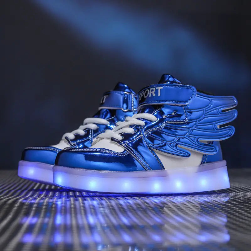 Shiny blue winged white high top light shoes children with white laces and usb charging light illuminated soles designed as charging light shoes.