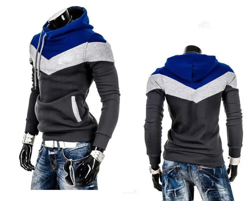 Color block men’s winter autumn designer hoodie in blue gray and black featuring a v-shaped design across the chest ideal for autumn designer hoodies and winter autumn wear.