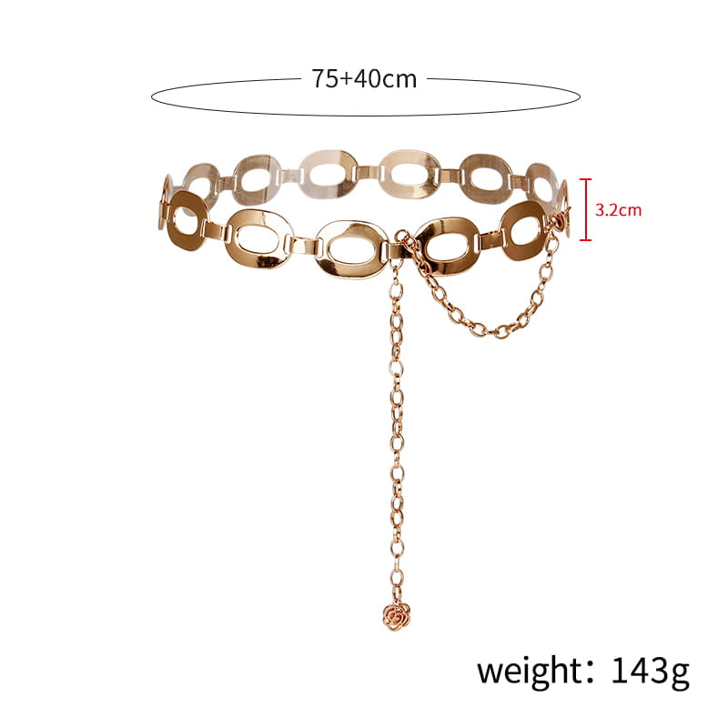 Gold-toned metal jewelry waist chain featuring oval links and a dangling chain with a rose charm, ideal as a summer jewelry waist accessory.