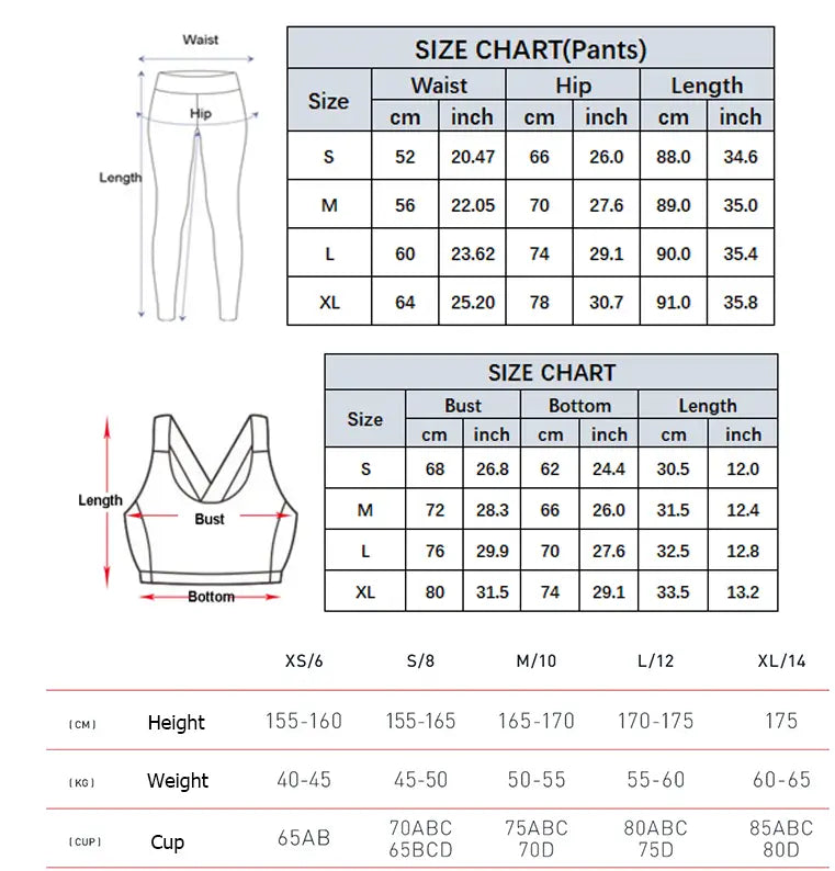 Size chart for women’s olive green yoga bra fitness suit with pockets detailing leggings and sports bra measurements in cm and inch from size s to xl designed for sports underwear gathers and bra fitness suit use.