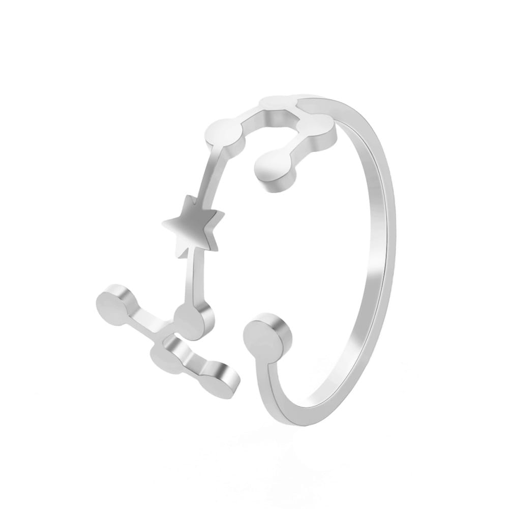 Personalized stainless steel silver constellation ring with a sleek open band design and star-shaped accents.