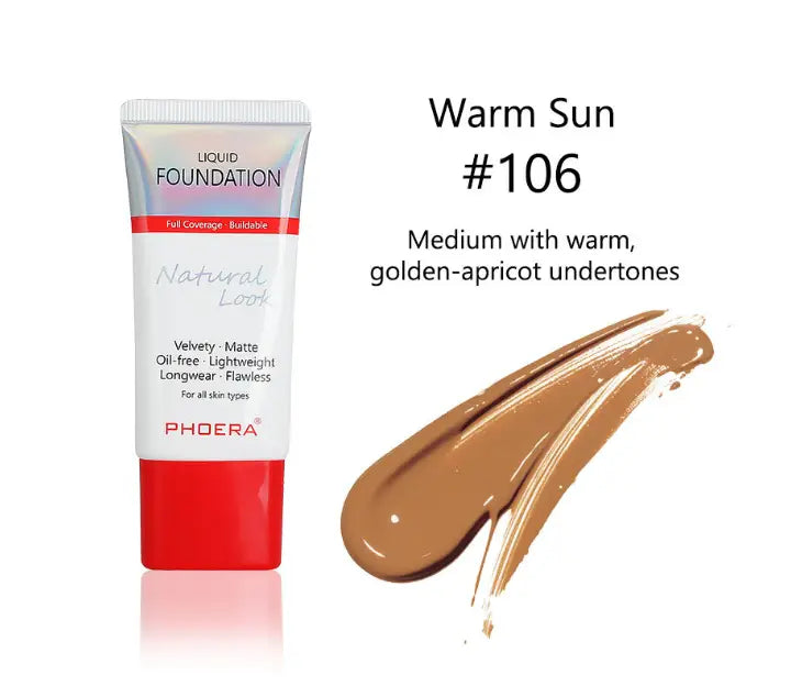 Phoebe porcelain 101 matte silky tube liquid foundation in a sleek white and red tube liquid foundation with iridescent accents offers medium coverage with warm golden-apricot undertones.