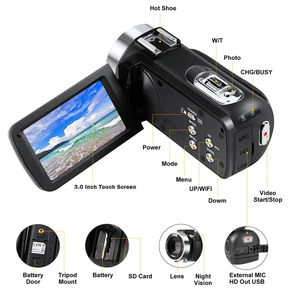 Standard black english 2.7k hd digital camcorder dv06s in black and silver with a 3.0-inch touch screen flip-out display showing beach scenery and labeled buttons including power mode menu wi-fi video start stop tripod mount sd card slot lens and night mode.