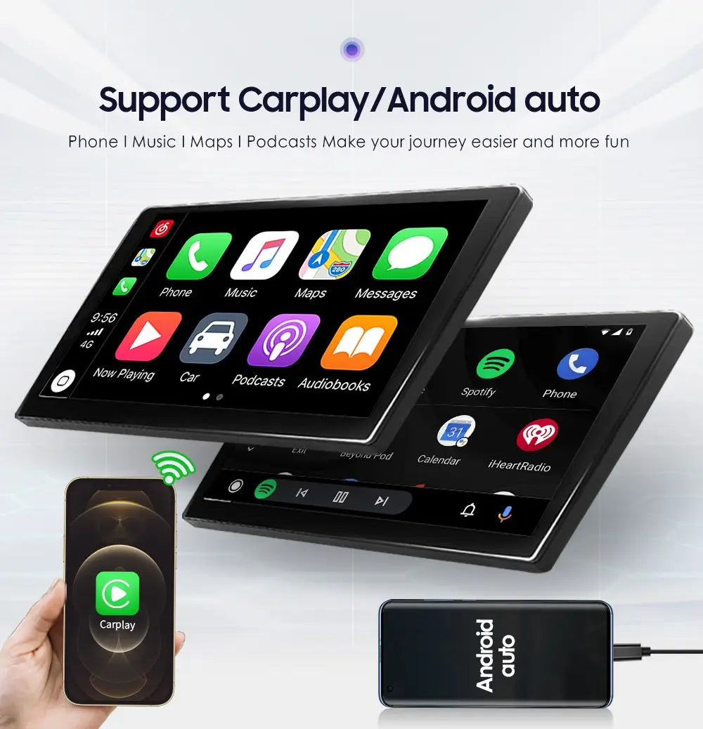 Black touchscreen 10.1 inch android car navigation stereo with sleek bezel displaying wifi 4glte version carplay and android auto interfaces.