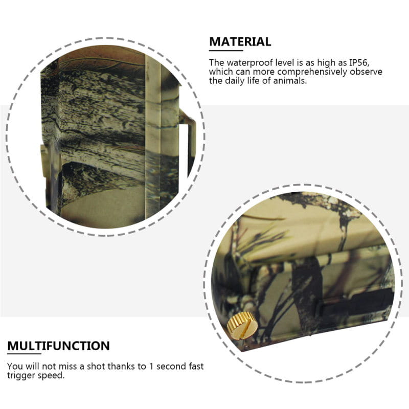 camouflage-patterned waterproof 1080p trail camera with night vision and a gold-colored trigger mechanism designed for outdoor wildlife monitoring