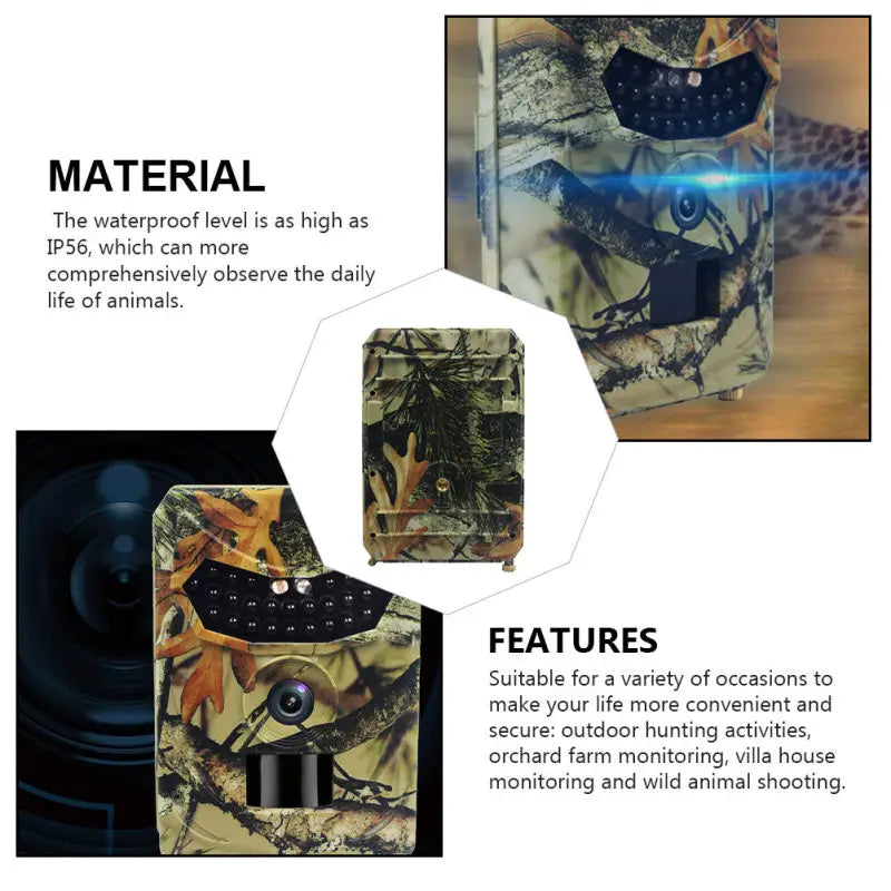 Waterproof 1080p trail camera with night vision featuring a camouflage pattern and a black lens and sensor array.