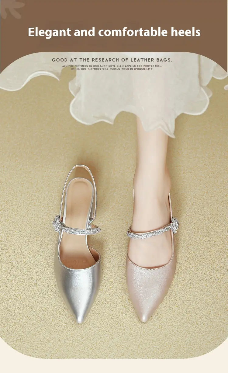silver metallic pointed toe mary jane flats with decorative rhinestone straps complement chunky heel silver and pointed toe high heels styles.