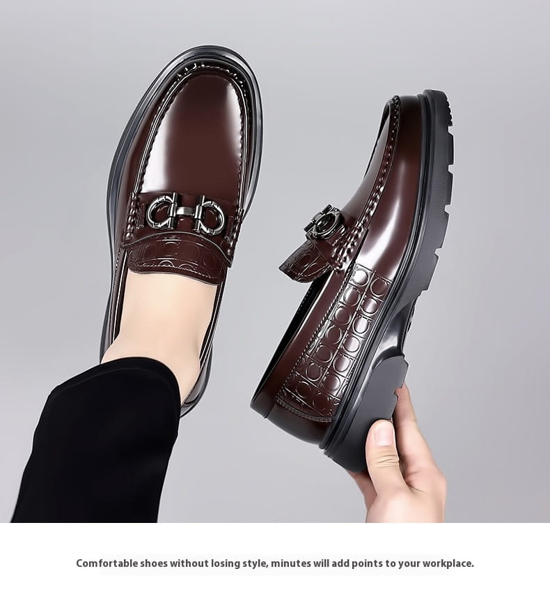 Brown leather platform retro casual loafers with glossy finish, metal horsebit buckle, and textured crocodile-embossed detailing on the side.