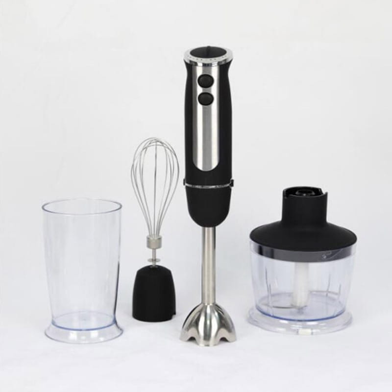 Black and stainless steel handheld food stick blender with interchangeable attachments designed for household handheld food use