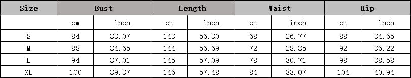 The image shows a size chart with measurements in centimeters and inches for a black strapless ruched long large hem evening dress available in sizes s, m, l, and xl.