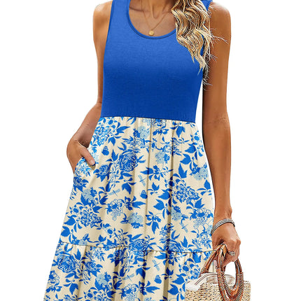 Zeagoo Beach Dresses for Women Sleeveless Sundress Summer Boho Dress Womens Tank Dress Crewneck Casual Flower Dress High Wasit Short Dress S