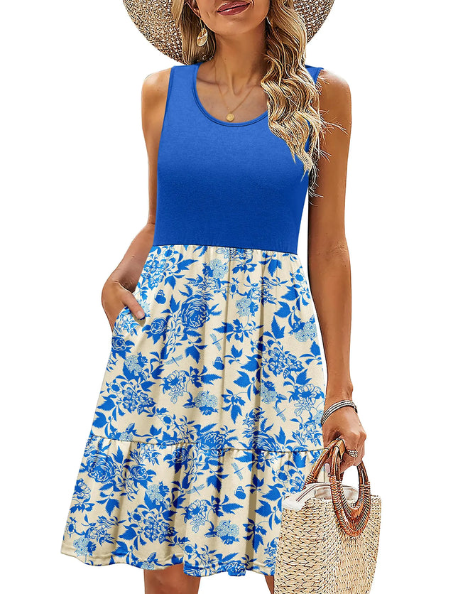 Zeagoo Beach Dresses for Women Sleeveless Sundress Summer Boho Dress Womens Tank Dress Crewneck Casual Flower Dress High Wasit Short Dress S