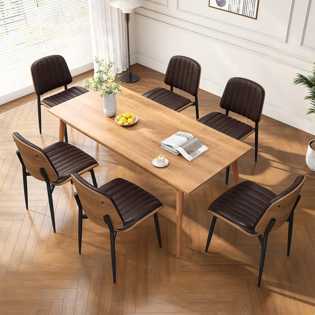REONEY Dining Chairs Set of 6 Mid-Century Modern Upholstered PU Leather Chairs with Walnut Bentwood Back and Metal Legs Adjustable Feet for Kitchen Dining Living Room Dark Brown Vertical Stripes - Royalessencelux