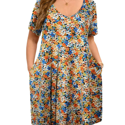 ZENNILO Womens Plus Size Swing Dress with Pockets Casual Summer Dresses V Neck Short Sleeve T Shirt Dress for Women