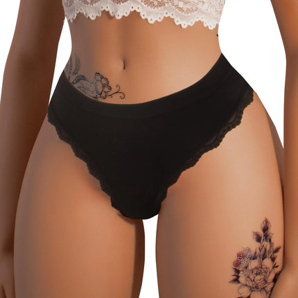 Hibluco Seamless Lace Thongs for Women No Show Panties Stretch Breathable Thong Sexy Underwear Black
