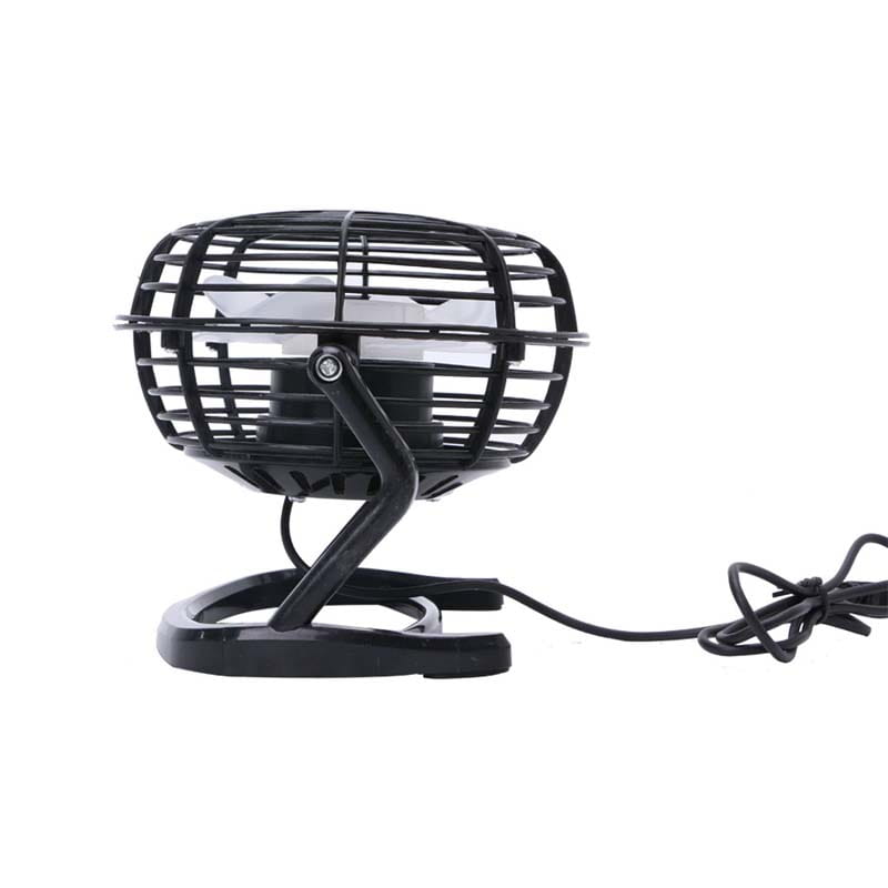 Black metal mini portable usb fan cooler with cage-like grille and clip-on base for desktop and laptop use.