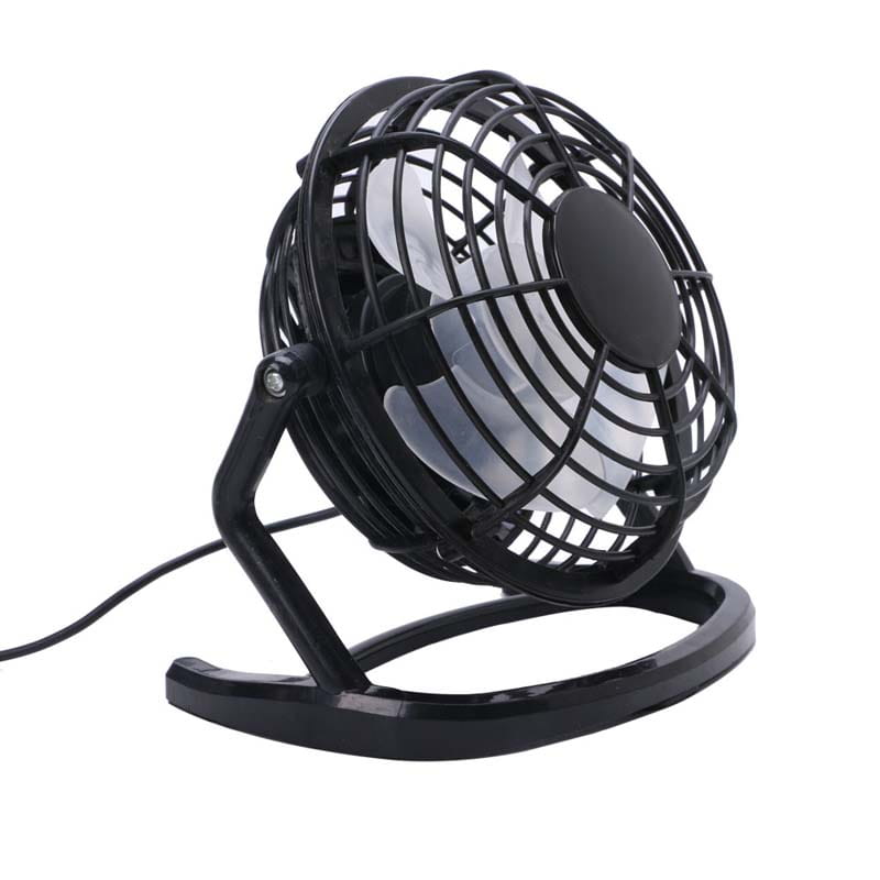 Black mini portable usb fan cooler drop for desktop and laptop with circular metal grille plastic blades and sleek stand design.