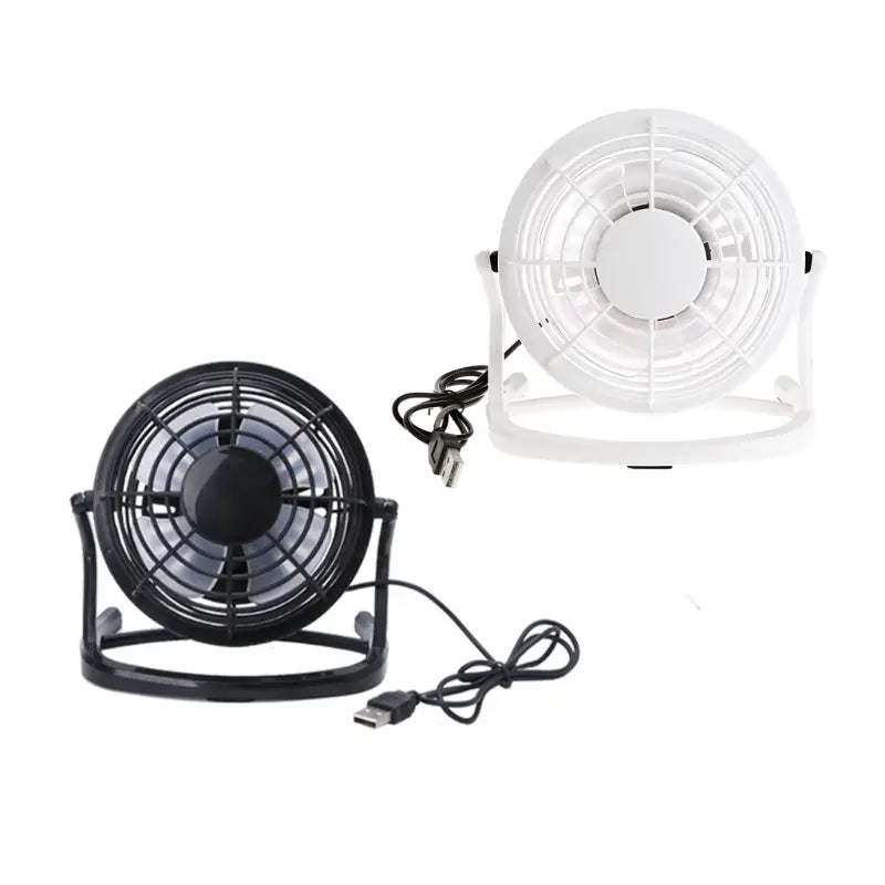 black and white mini portable usb fan cooler drop with circular grilles and metal wire frames for desktop and laptop use
