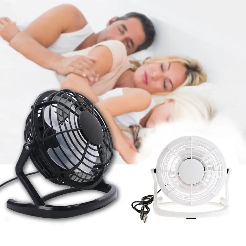 mini portable usb fan cooler drop in black and white with metal grilles and plastic bases for desktop and laptop use