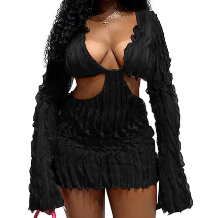Ryehack Women’s Sexy Club & Night Out Dress Long Sleeve Deep V Neck Cut Out See Through Y2K Bodycon Mini Dress Going Out Outfits Black