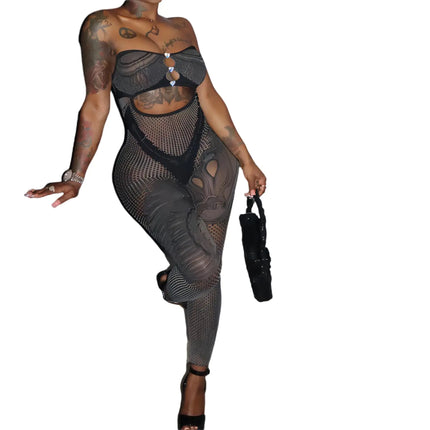 Women Sexy Mesh See Through Lace Jumpsuits Sexy Sleeveless One Piece Jumpsuit-Summer Cut Out Bodycon Rompers (Jet Black L)