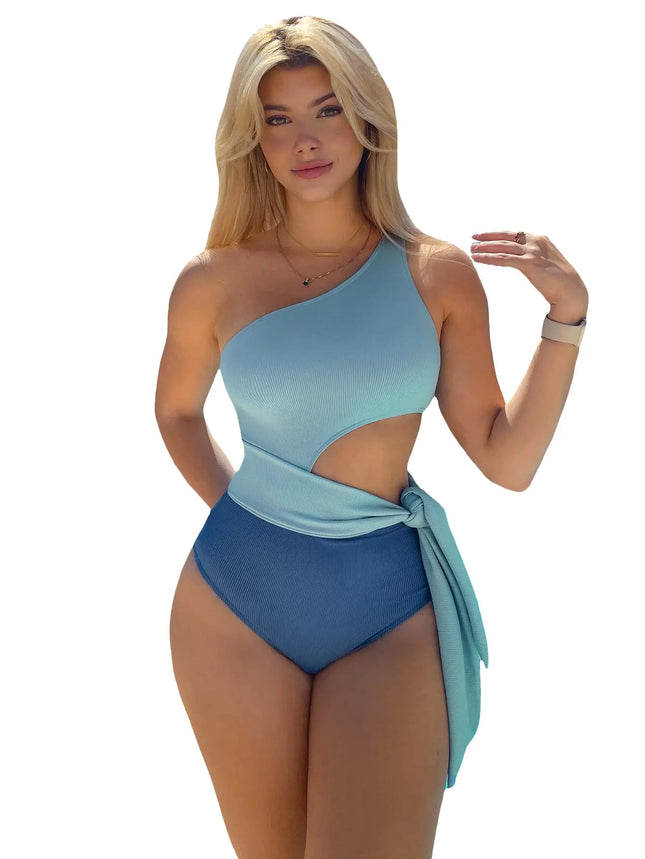 MakeMeChic Womens One Piece Swimsuit Neon Swimsuit Tummy Control Color Block One Shoulder Sexy Bathing Suit Blue B S