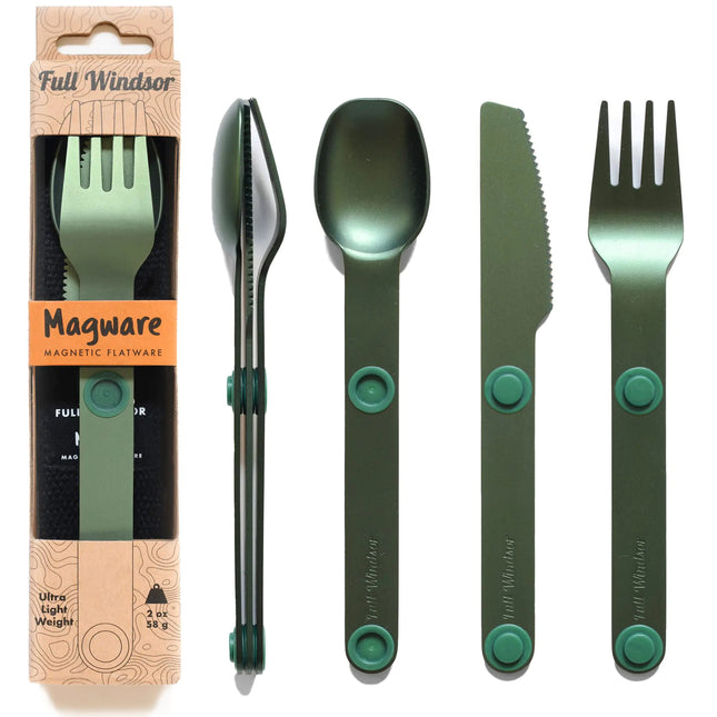 FULL WINDSOR - MAGWARE Magnetic Stainless Steel Kitchen Utensils Set - Travel Utensils for Camping Cooking and Outdoor Dining - Knife Fork & Spoon - Compact Camping Cutlery - Green (3 PCS) - Royalessencelux