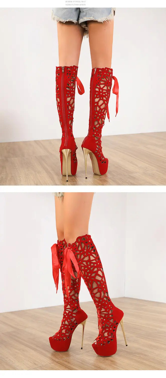 red lace-up high-top peep toe platform boots with gold-tone stiletto heels and matching ribbon ties designed as high heels