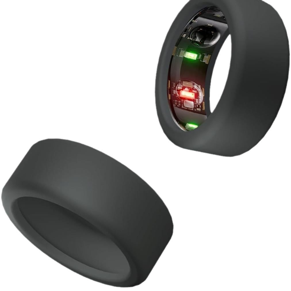 black silicone ring protector case for oura ring 3rd gen featuring a transparent inner display with green and red led lights on the smart ring