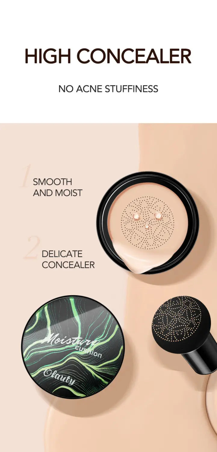Ivory marbled air cushion foundation with sponge featuring a black circular compact with green swirling pattern and moisture cushion branding containing a matching black sponge applicator for cream foundation application.
