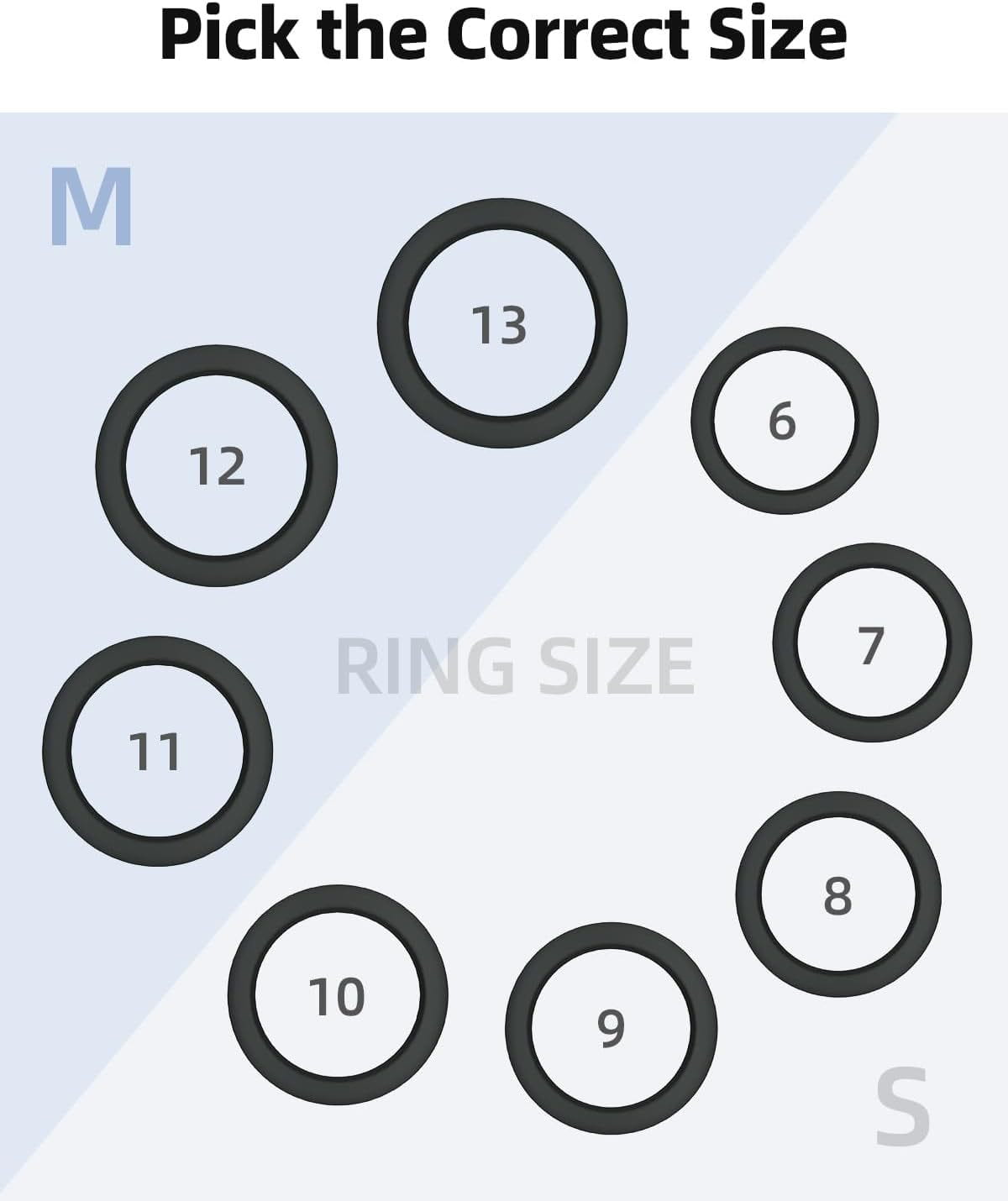 Ring size selector chart with black circular markers labeled 6 through 13 and an m indicator for the oura ring 3rd gen silicone protector case smart ring accessory.