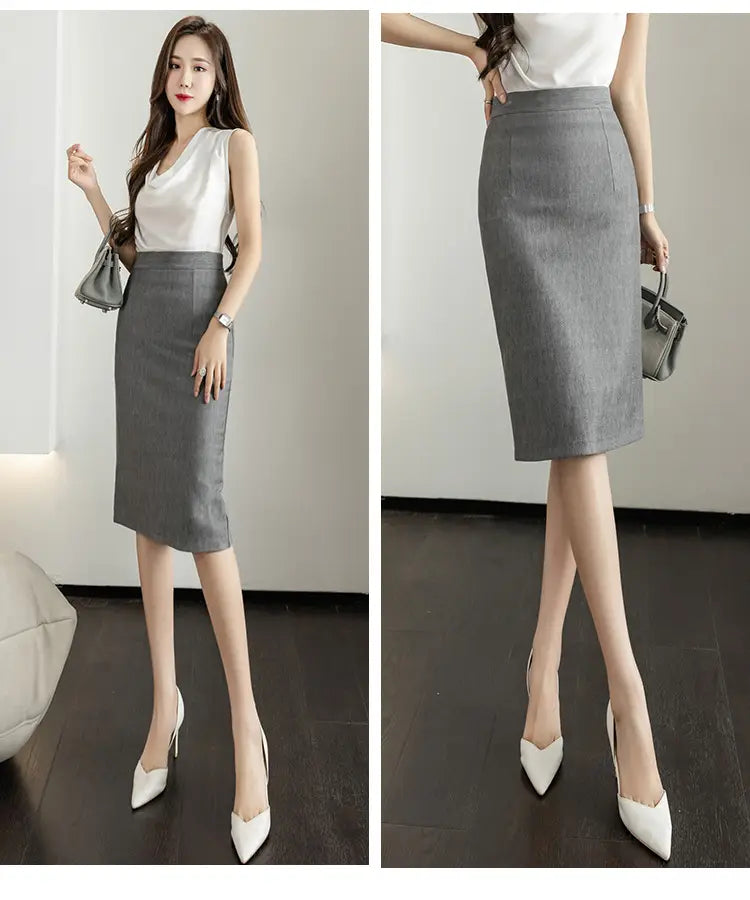 A sleek gray textured line sheath skirt with a knee-length tailored fit showcasing an elegant tight silhouette.