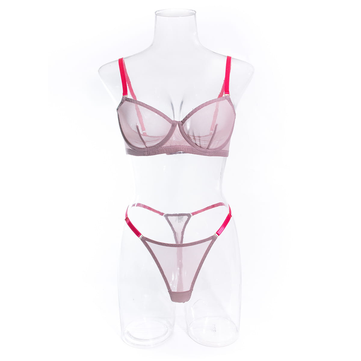 lavender and pink see-through two-piece set featuring a pink and gray sheer mesh lingerie design with thin straps made from comfortable fabric.