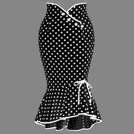 Button Lace-up Polka Dots Half Body Slim-fit Fishtail Skirt - Royalessencelux