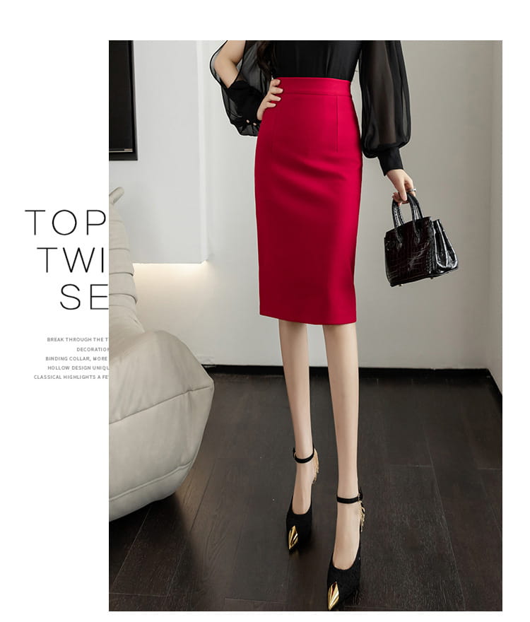 a vibrant red line sheath skirt made of smooth fabric with a form-fitting and elegant tight design