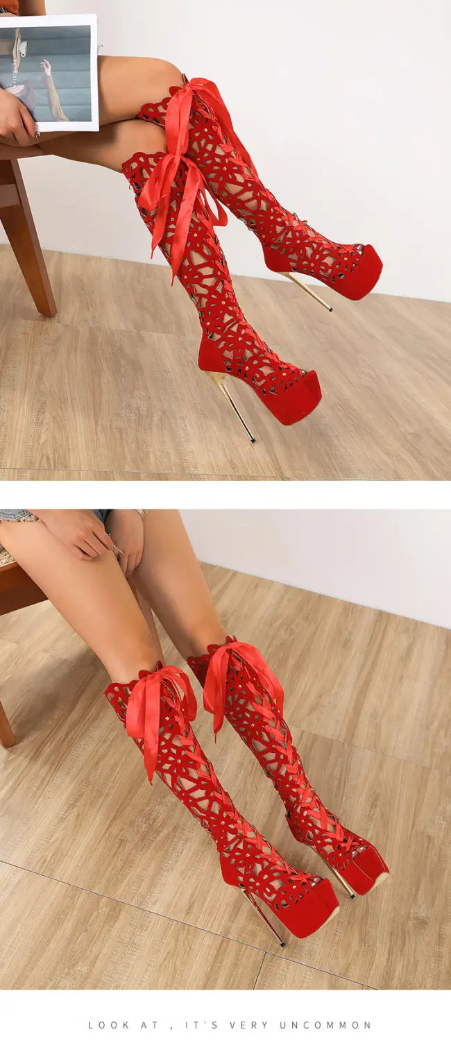 red high-top lace-up peep toe over-the-knee boots with stiletto high heels and decorative bows