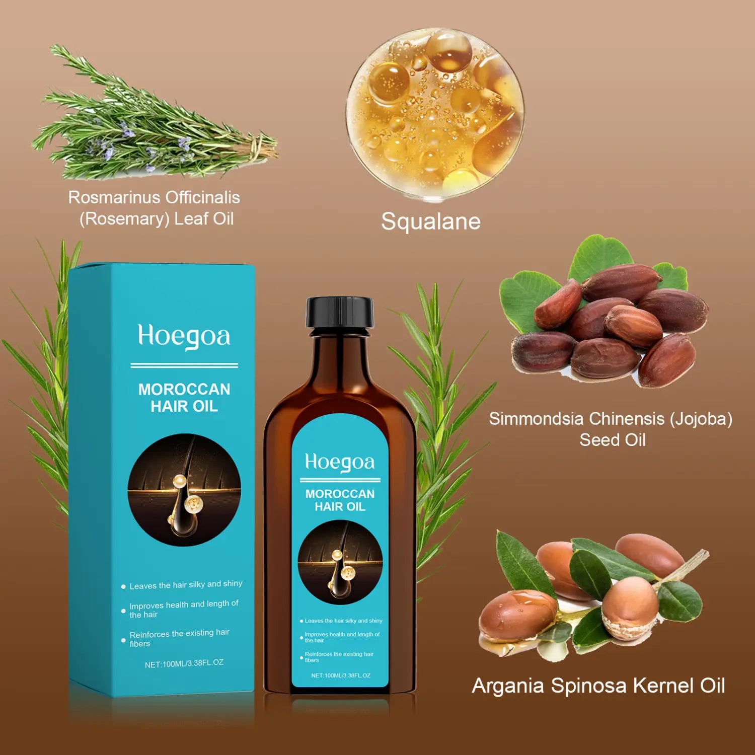 brown glass bottle of hoegoa moroccan hair oil with black cap and teal label featuring hair care brand name product type and image of hair strands for smooth waves in moroccan hair care line