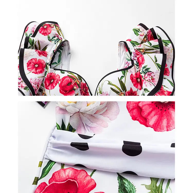 a white chiffon polyester printed two-piece swimsuit set featuring a vibrant floral pattern with red and pink poppies green leaves and black polka dots along the waistband