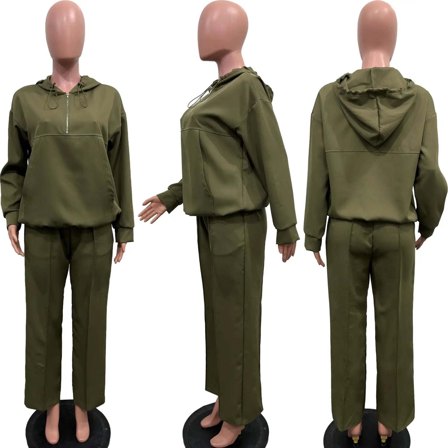 olive green solid color loose two-piece hoodie and pants set designed for comfortable casual wear