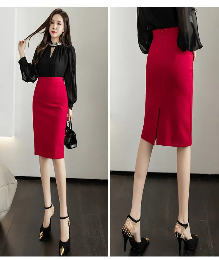 a vibrant red form-fitting pencil skirt with a front slit and high waistband styled as a sheath skirt elegant suitable for a skirt elegant tight look