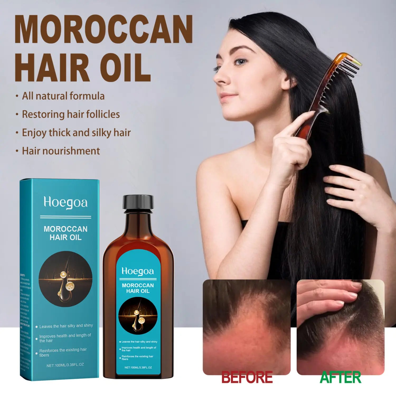 Hoegoa moroccan hair oil in a dark amber glass bottle with black cap and teal label alongside its matching box for moroccan hair care promoting smooth waves.