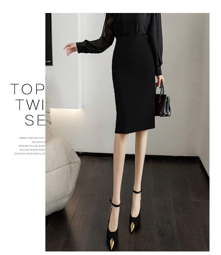 black fitted midi skirt with sheer long sleeves featuring a sleek modern design for an elegant sheath skirt look