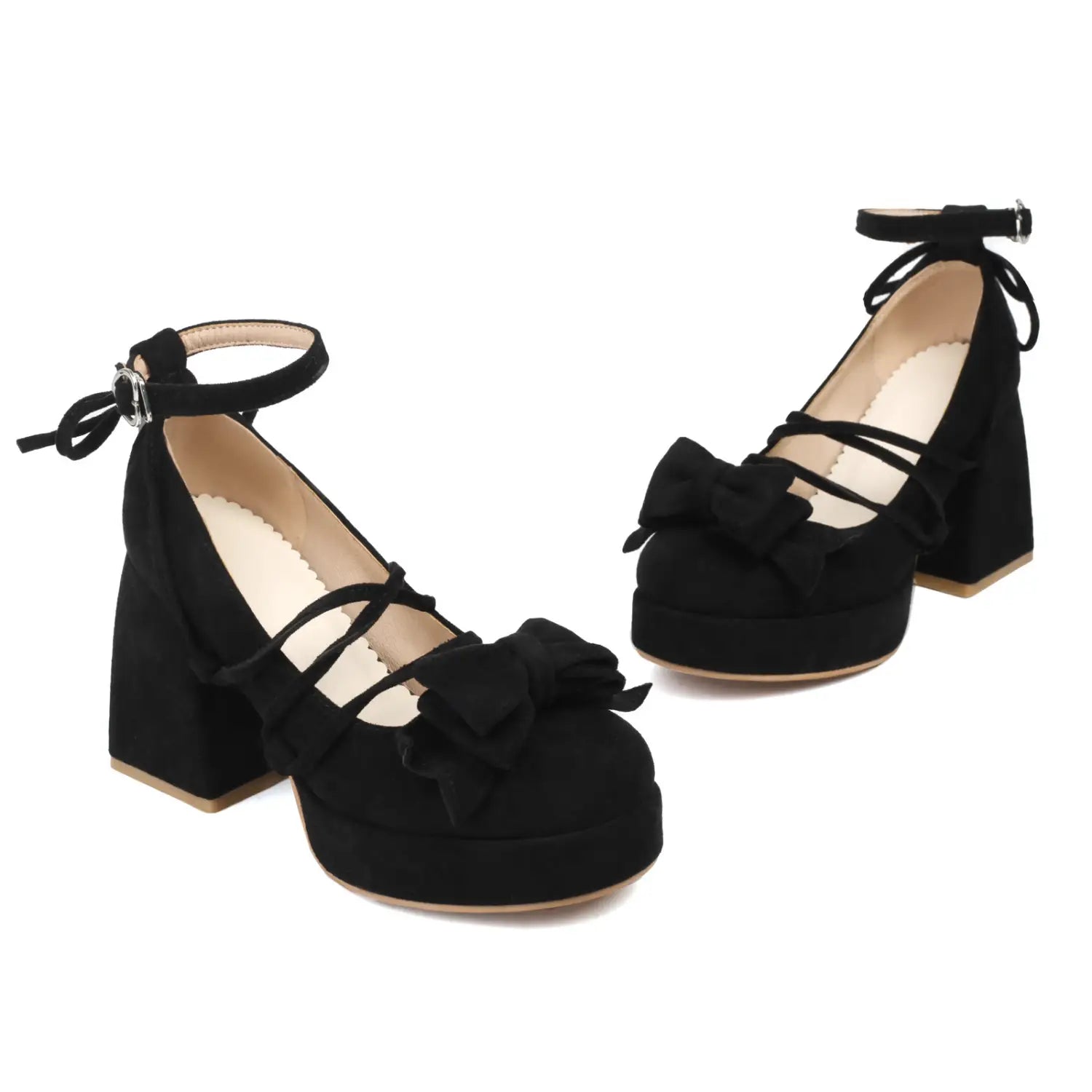 Black suede platform lolita heels with ankle straps and small size bow decorative accents.