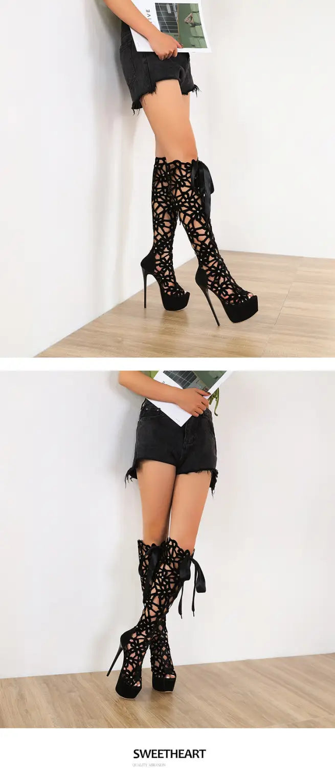 Black lace over-the-knee high-top lace-up peep toe boots with high heels and platform soles.